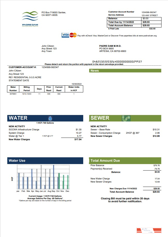 USA California Padredam utility bill template in Word and PDF format